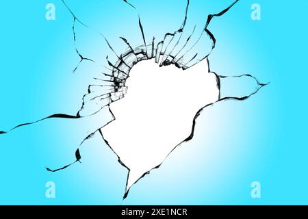 Gebrochenes Glas mit einem Loch in der Mitte auf blauem Hintergrund. Die Wirkung von Rissen auf das Fenster. Stockfoto