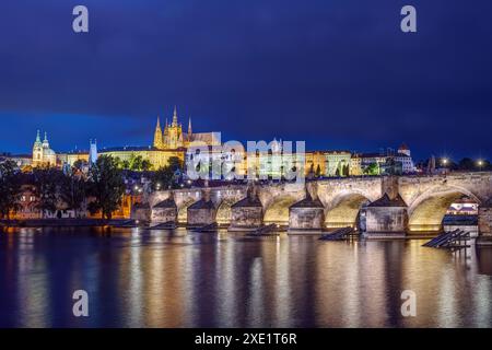 Die Burg, die Kathedrale und die berühmte Karlsbrücke in Prag bei Nacht Stockfoto