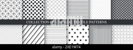 Sammlung einfacher nahtloser geometrischer Muster in Schwarzweiß. Minimalistischer Schwarz-weiß-Hintergrund. Trendige Stoffmuster Stock Vektor