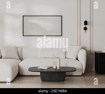 Bilderrahmen im modernen Wohnzimmer mit weißem Sofa und Wand mit Stuckleisten, französischem Stil in Schwarz und weiß, 3D-Rendering Stockfoto