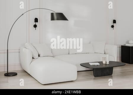 Wohnzimmereinrichtung mit weißem Ecksofa, Stehlampe und Tisch mit Dekor, Wand mit Stuckleisten im französischen Stil, 3D-Rendering Stockfoto