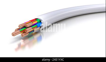 Nahaufnahme: Weißes Elektrokabel, Kupferdrähte, weißer Hintergrund. 3D-Rendering Stockfoto