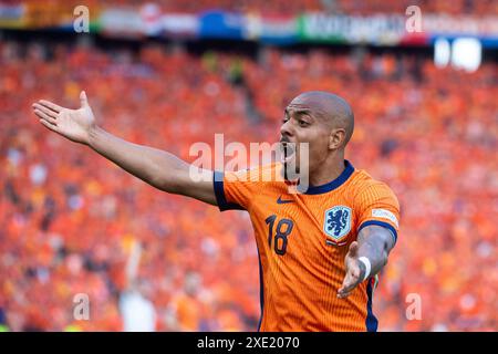 Berlin, Deutschland. Dienstag, 25. Juni 2024.Donyell Malen (Niederlande, #18) gestikuliert, GER, Niederlande (NED) vs. Österreich (AUT), Fussball Europameisterschaft, UEFA EURO 2024, Gruppe D, 3. Spieltag, 25.06.2024 Foto: Eibner-Pressefoto/Michael Memmler/Alamy Live News Stockfoto