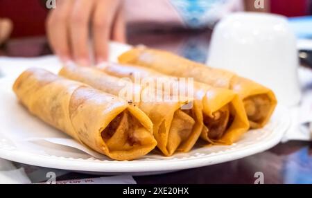 Vier NEM rÃ¡n oder Frühlingsrollen sowie gebratene Brötchen oder vietnamesische imperiale Brötchen auf einem Teller Stockfoto