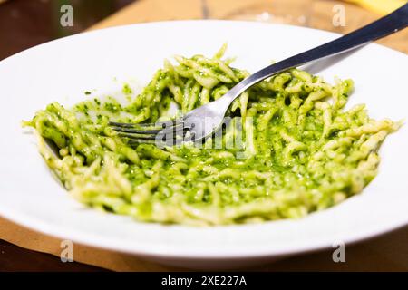 Traditionelle italienische Küche - Trofie al Pesto, typische regionale Pasta aus Ligurien, Basilikumsauce Stockfoto