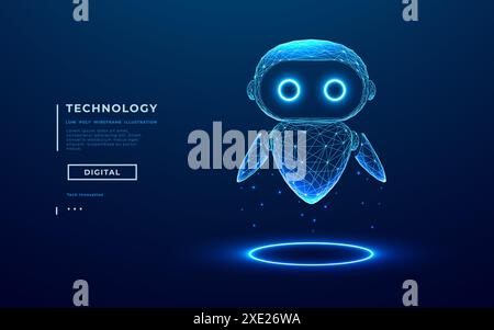 Abstrakter digitaler 3D-KI-Roboter, der über dem hellblauen Neonportal schwebt. Stock Vektor