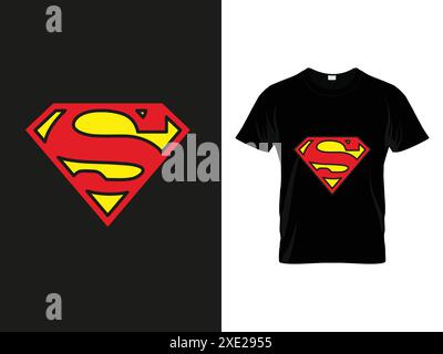 Klassisches schwarzes T-Shirt mit Superman-Abzeichen in Rot und Gelb. Superheld, Comic-Fan-Bekleidung. Vektorabbildung für UI, Web und Print. Stock Vektor