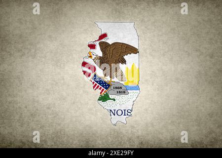Grunge-Karte des Bundesstaates Illinois (USA) mit seiner Flagge, die auf einem alten Papier innerhalb der Grenze gedruckt ist. Stockfoto