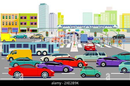 Stadtsilhouette einer Großstadt mit Menschen und Verkehrsstau, Illustration Stockfoto