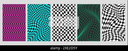 Psychedelische Schachbretthintergründe mit Geometrien-Gitterfliesen, verdrehte Neonlinien. Deformiertes, kariertes, nahtloses geometrisches Muster in groovigem Stil. Schachbrettplakate mit Verzerrungseffekt Stock Vektor