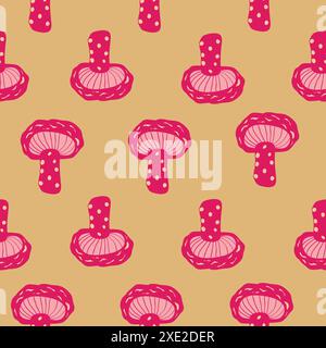 Retro 70er 60er Jahre Floral Hippie Pilze Sommer Groovy Flower Power Vektor nahtlose Muster. Boho Retro Farben skurrile Fliege agarisch Aprikose Hintergrund f Stock Vektor