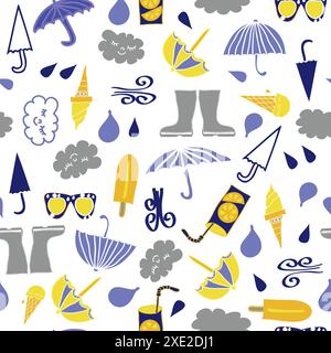 Vektor nahtlose Muster Wettersymbole wie Regen, Wolke, Sonne, in Pastellgelb, Blau und Grau. Stock Vektor