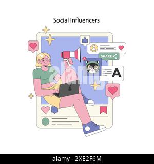 Social Influencers Konzept. Ein Content-Ersteller kommuniziert mit Followern auf einer Social-Media-Plattform und teilt trendige Beiträge. Online-Interaktion und digitales Marketing. Vektorabbildung. Stock Vektor