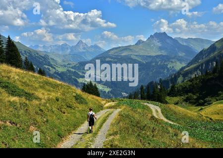 Wandern am Schadonapass im Bregenzerwald; Vorarlberg; Österreich; Blick auf den AllgÃ¤u-Hauptkamm Stockfoto