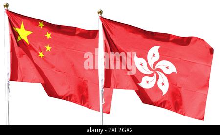 Chinesische Flagge und Hongkong Flagge am bewölkten Himmel. Im Himmel winken Stockfoto