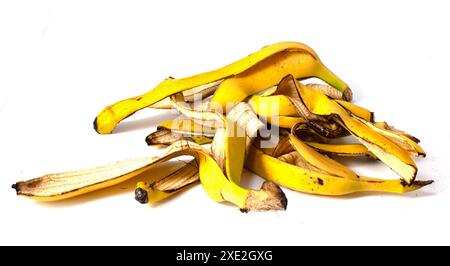 Ein Haufen Bananenschalen, organischer Obstabfall auf weißem Hintergrund. Stockfoto