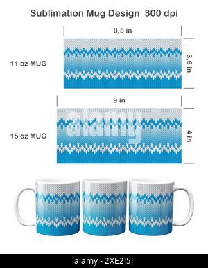 Gestricktes Ombre-Muster. Sublimationsschablone für Kaffeetasse mit 11 ml und 15 ml Sublimationsdarstellung. Stockfoto