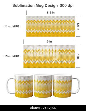 Gestricktes Ombre-Muster. Sublimationsschablone für Kaffeetasse mit 11 ml und 15 ml Sublimationsdarstellung. Stockfoto