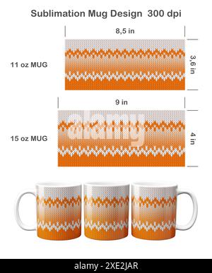 Gestricktes Ombre-Muster. Sublimationsschablone für Kaffeetasse mit 11 ml und 15 ml Sublimationsdarstellung. Stockfoto