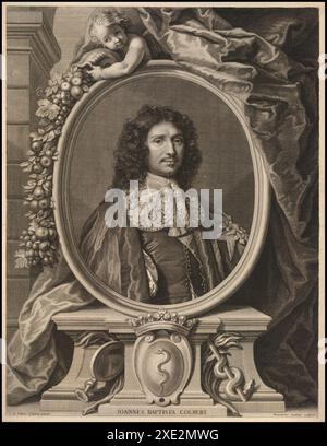 Jean Baptiste Colbert Porträtgravur, nach Lefebvre; halblang, mit einem Kragen umrandet mit Spitze und Mantel, der mit dem Kreuz des Heiligen Geistes über der linken Schulter geschmückt ist; in Oval auf dem Sockel mit Wappen unten und im oberen Teil ein Putto mit einem Kornukopia. 1709 Ätzen und Gravieren. Jean-Baptiste Colbert war ein französischer Staatsmann, der von 1661 bis zu seinem Tod 1683 unter König Ludwig XIV. Als erster Staatsminister diente Stockfoto