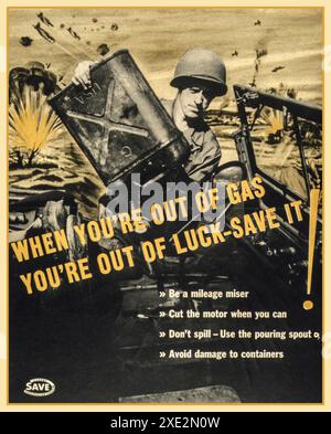 WW2 American Fuel Save Information Propaganda Poster. „Wenn Sie kein Benzin mehr haben, haben Sie kein Glück – SPAREN SIE ES“ Poster, in dem Sie in den USA nach Kraftstoffverbrauch fragen, um den Streitkräften zu helfen. 2. Weltkrieg 2. Weltkrieg Stockfoto