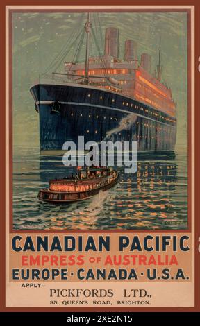 Vintage 1930er KANADISCHER PAZIFIK Vintage-Poster „Empress of Australia“ Luxus-Kreuzfahrtschiff Ocean Liner mit Tug in der Abenddämmerung. Wenden Sie PICKFORDS Ltd. Brighton UK an Stockfoto