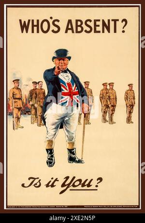 WW1 UK British Recruitment Propaganda Poster mit John Bull trägt Union Jack Flag Weste, stellt die Frage WER ist ABWESEND? Sind Sie es? Erster Weltkrieg 1914-1918 Stockfoto