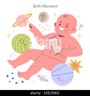 Nataldiagramm-Konzept. Eine humorvolle Interpretation der astrologischen Geburtenkarten mit einem Baby, das eine Sanduhr zwischen Tierkreiszeichen und Planeten umklammert. Vektorabbildung. Stock Vektor