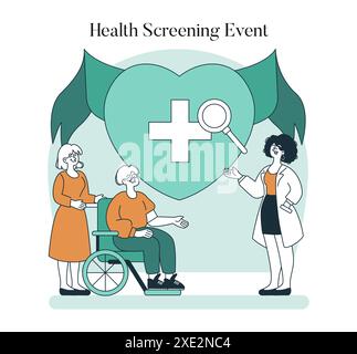 Senior Health Screening-Konzept. Älteres Paar nimmt an einer medizinischen Untersuchung mit einem Fachmann Teil. Bedeutung der präventiven Gesundheitsversorgung. Vektorabbildung. Stock Vektor