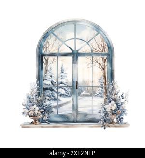 Weihnachtsfenster, Frontansicht. Illustration der Winterlandschaft mit Wasserfarben. Stockfoto