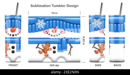 Lustiger Weihnachtsschneemann. 3D-Sublimationsdesign mit aufgeblasener Luftpolstersublimation für 20 oz dünnen Becher. Sublimationsdarstellung. Nahtlos von Kante zu Kante. Stockfoto