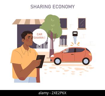 Sharing Economy Set. Optimierung der urbanen Mobilität durch Carsharing-Dienste. Mann, der eine Fahrt mit einer Smartphone-App Bucht. Solarbetriebene Fahrzeuge zur Förderung eines nachhaltigen Stadtverkehrs. Stock Vektor