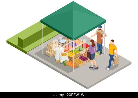 Isometrische Landwirte verkaufen eine Auswahl an ökologischem Obst und Gemüse auf einem Bauernmarkt. Verkäufer und Marketing. Landwirtschaftliche Ernte. Stock Vektor