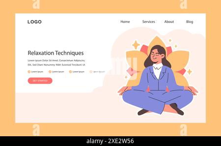 Eine ruhige Geschäftsfrau übt Entspannungstechniken aus, die in einem Webbanner oder einer Landing-Page mit Lotus-Yoga-Position sitzen. Achtsame Meditation. Zentrierter Saldo. Illustration des flachen Vektors. Stock Vektor