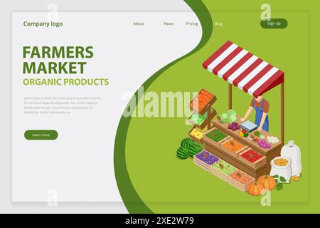 Isometrische Landwirte verkaufen eine Auswahl an ökologischem Obst und Gemüse auf einem Bauernmarkt. Verkäufer und Marketing. Landwirtschaftliche Ernte. Stock Vektor