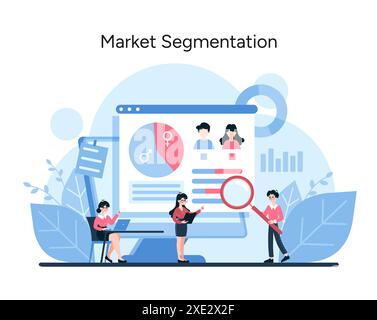 Marktsegmentierungskonzept. Analytische Szene mit Experten, die demografische Daten, Verhaltensweisen und Präferenzen von Verbrauchern bewerten. Segmentierung nach Geschlecht. Vektorabbildung Stock Vektor