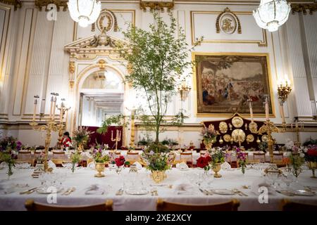 Palmatum Seiryu Acer Bäume, bekannt als der Japanische Ahorn, zusammen mit Blumenschmuck wie Rosen aus den Gärten des Buckingham Palace und Windsor Castle im Ballsaal des Buckingham Palace, London, vor dem Staatsbankett für den Staatsbesuch von Kaiser Naruhito und seiner Frau, Kaiserin Masako von Japan. Bilddatum: Dienstag, 25. Juni 2024. Stockfoto