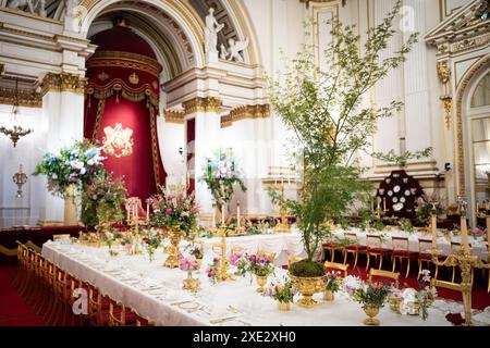 Palmatum Seiryu Acer Bäume, bekannt als der Japanische Ahorn, zusammen mit Blumenschmuck wie Rosen aus den Gärten des Buckingham Palace und Windsor Castle im Ballsaal des Buckingham Palace, London, vor dem Staatsbankett für den Staatsbesuch von Kaiser Naruhito und seiner Frau, Kaiserin Masako von Japan. Bilddatum: Dienstag, 25. Juni 2024. Stockfoto