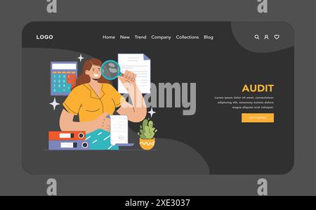 Auditkonzept. Professionelle Frau, die Finanzdokumente prüft, mit Rechner und Lupe. Genauigkeit in Zahlen, detaillierte Prüfung. Illustration des flachen Vektors Stock Vektor
