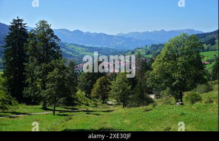 Blick vom Oberjoch nach Bad Hindelang in OberallgÃ¤u; Bayern; Deutschland Stockfoto