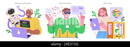 Maker Culture Concept-Enthusiasten tauchen in Robotik, bahnbrechende Technologien und die Wunder des 3D-Drucks zukünftiger Gestalter in einer digitalen Welt ein Vektor-Illustration Stock Vektor