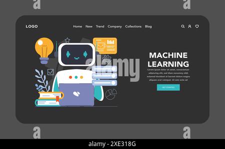 KI-Integration im Dunkeln- oder Nachtmodus Web, Landung. Künstliche Intelligenz und menschliche Synergie. Neuronale Netzunterstützung und Robotisierung. Big-Data-Verarbeitung. Illustration des flachen Vektors Stock Vektor