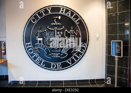 Moncton Schild im Rathaus in New Brunswick, Kanada Stockfoto