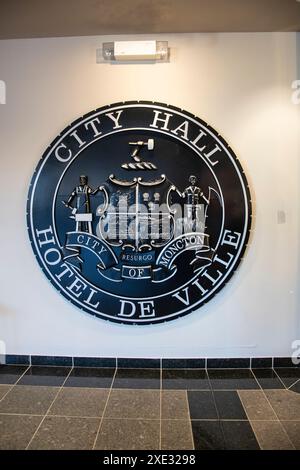 Moncton Schild im Rathaus in New Brunswick, Kanada Stockfoto