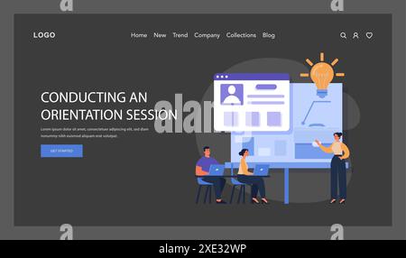 Durchführung eines Konzepts für eine Orientierungssitzung. Ein Referent erläutert den Onboarding-Prozess mit einer Glühbirne, während Mitarbeiter aktiv mit ihren Laptops interagieren. Illustration des flachen Vektors. Stock Vektor