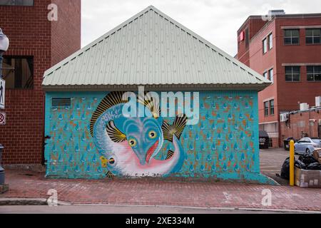 Fischgemälde in der Alma Street im Zentrum von Moncton, New Brunswick, Kanada Stockfoto