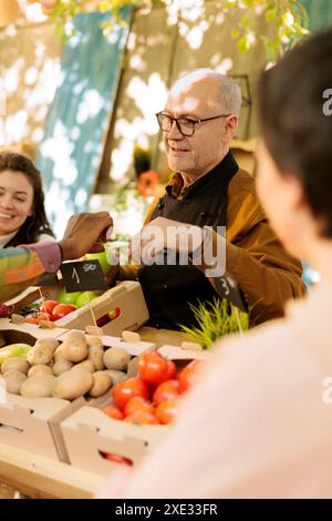 Nahaufnahme eines älteren männlichen Verkäufers, der afroamerikanischen Kunden eine Scheibe frischen Bio-Apfel zur Verkostung gibt. Kaukasische Händler bieten Proben von lokal angebautem saisonalem Obst auf dem Bauernmarkt an. Stockfoto