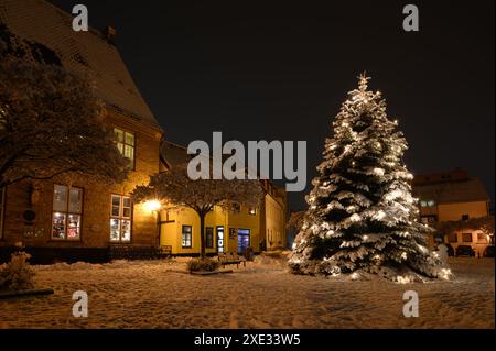 Geschmückter weihnachtsbaum mit Schnee am Wintertag. Urlaubsstimmung mit schneebedecktem Christm Stockfoto