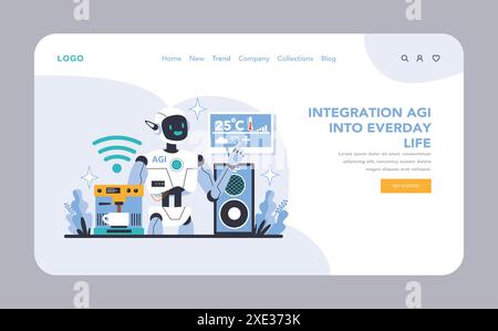AGI-Web oder Landing-Page. Heimautomatisierung mit intelligenten Robotern für einen verbesserten Lebensstil. KI fügt sich nahtlos in die täglichen Routinen ein. Illustration des flachen Vektors. Stock Vektor