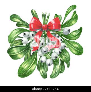 Mistelzweig mit Blumenmuster und Schleife in Wasserfarben. Weihnachtskranz traditionelle Dekoration Stockfoto